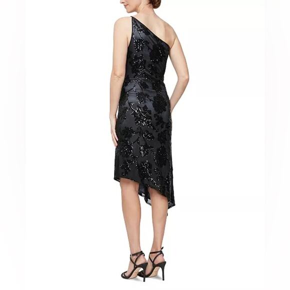 Alex & Eve Sequined Embroidered One-Shoulder Asymmetrical-Hem Sheath Dress Sz 16 - Picture 5 of 10